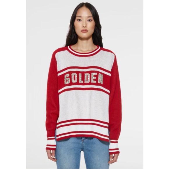 Golden Goose Striped Dianne Red White  GOLDEN Letter Crystals Sweater, Size S - Picture 1 of 15